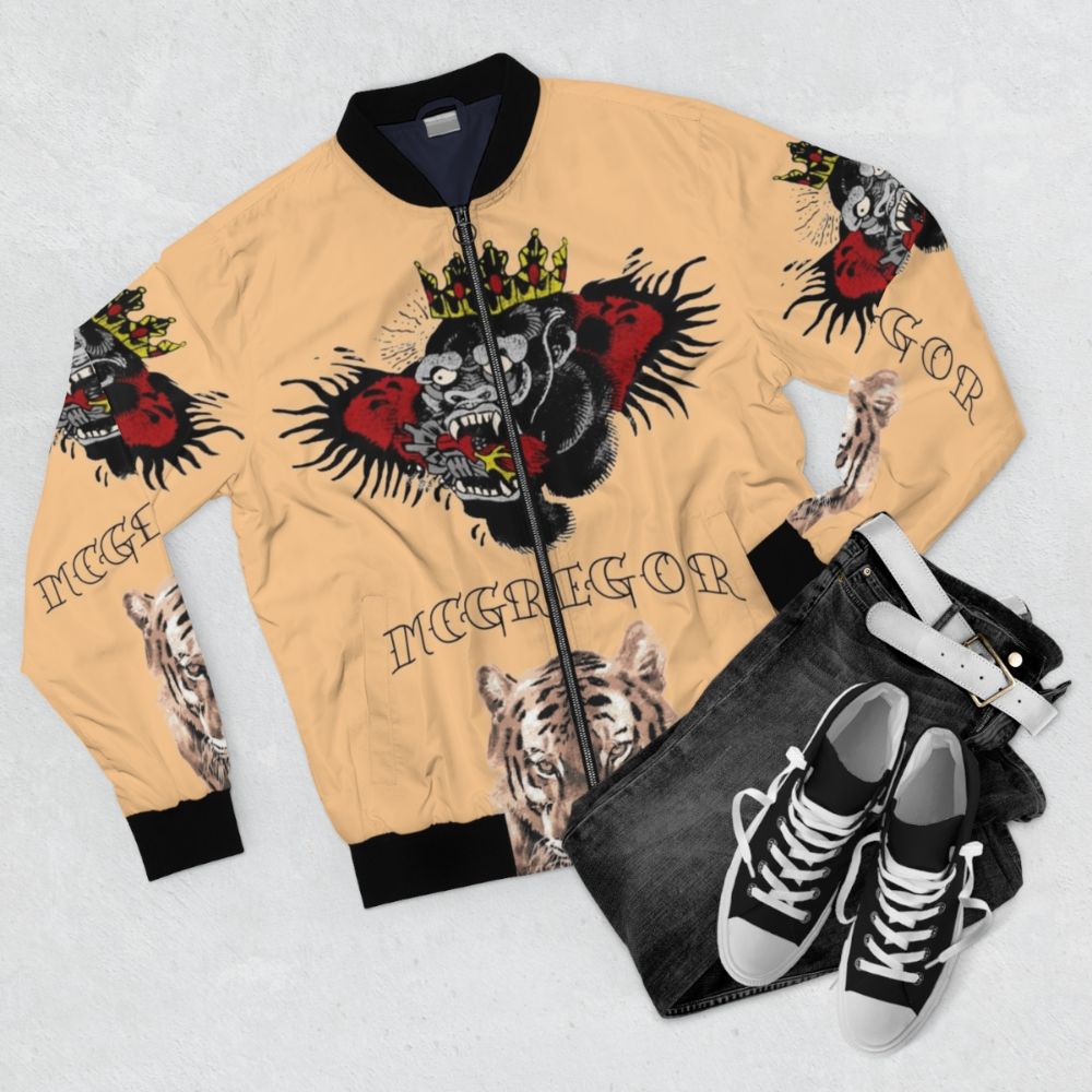 Conor McGregor Tattoos Bomber Jacket with Gorilla and Tiger Designs - Flat lay