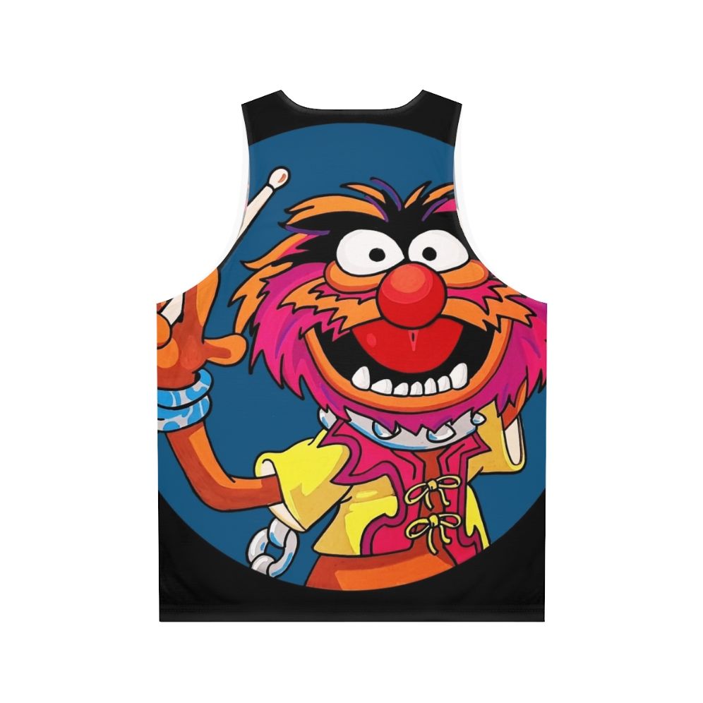 Electric Mayhem drummer playing drums on a unisex tank top - Back