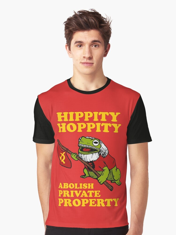 Graphic t-shirt featuring a frog and the phrase "Hippity Hoppity Abolish Private Property" - Men