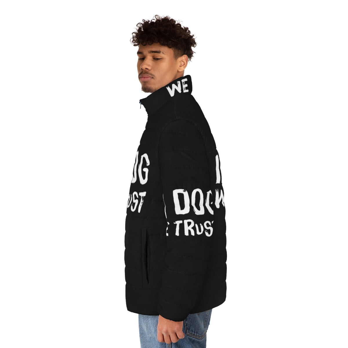 "In Dog We Trust" Puffer Jacket featuring a dog-inspired quote design - men side left