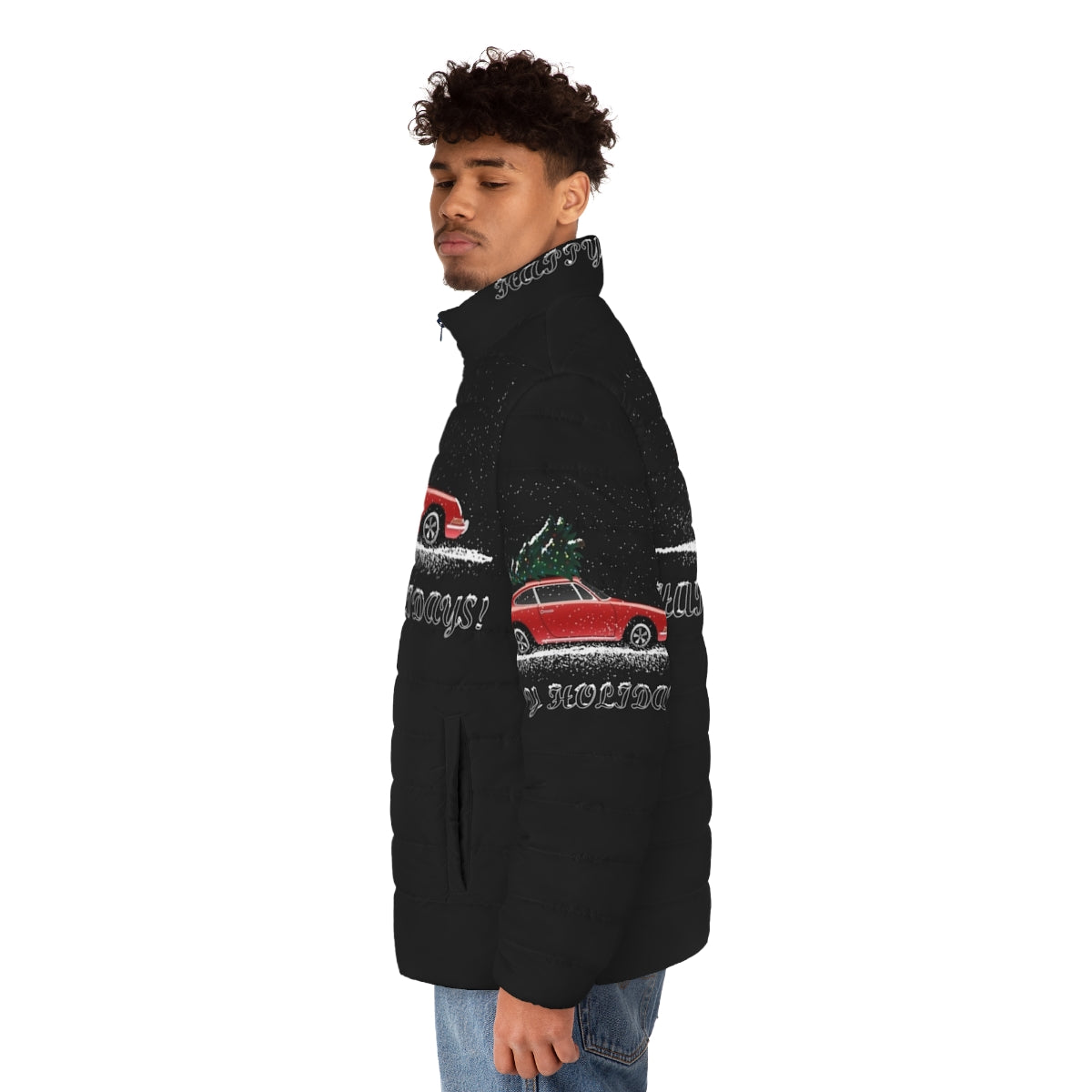 Stylish Porsche 911 puffer jacket with snowy winter and holiday imagery - men side left