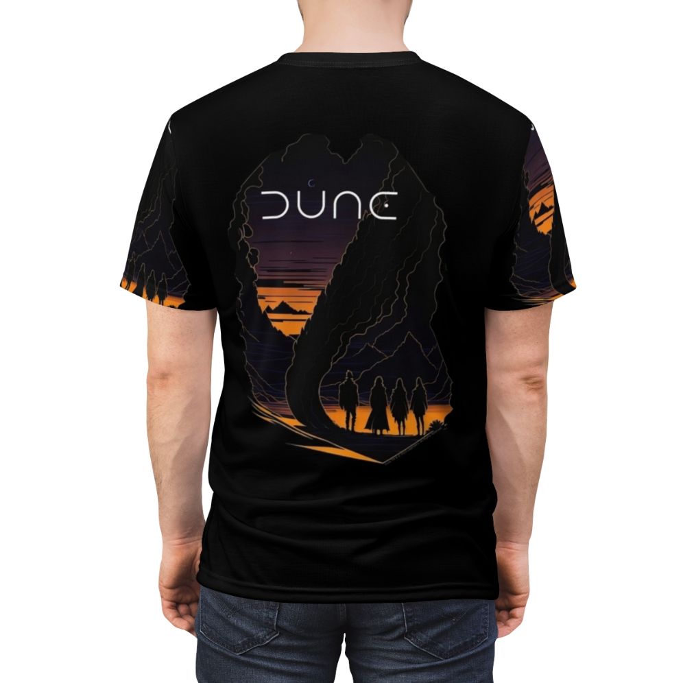 Dune-inspired graphic t-shirt design featuring a sci-fi desert landscape - men back