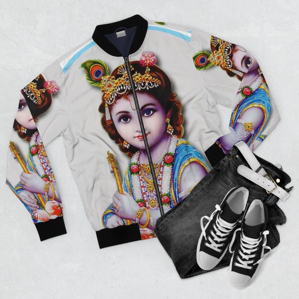 Lord Krishna Bal Gopal Poster Printed Bomber Jacket - Flat lay