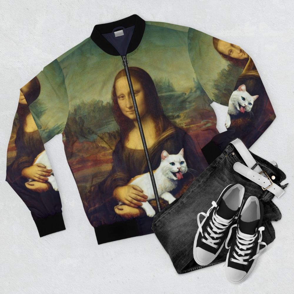 Mona Lisa and Cat Printed Bomber Jacket - Flat lay