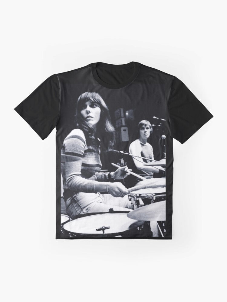 Graphic t-shirt design featuring an image of Karen Carpenter, the legendary singer and drummer of the Carpenters. - Flat lay