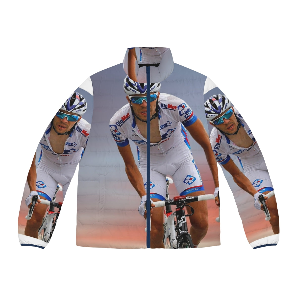 Thibaut Pinot wearing a puffer jacket while cycling for Team Francaise des Jeux