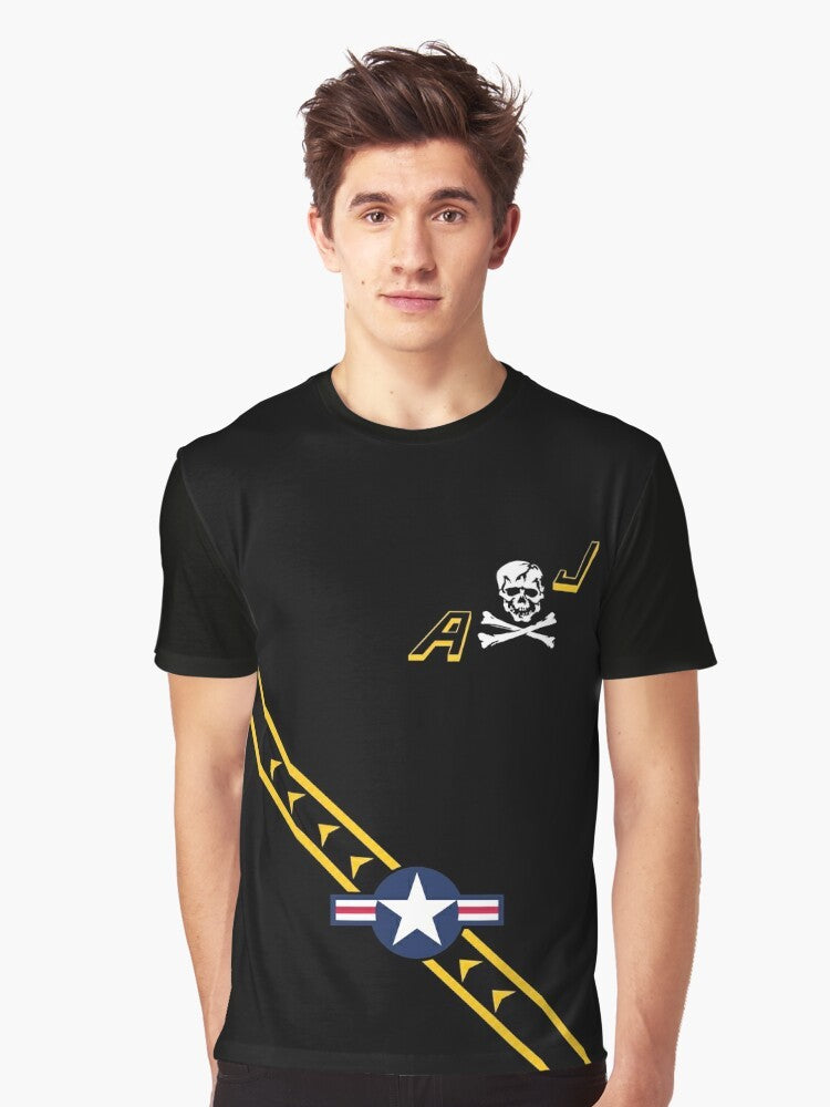 VF84 Jolly Rogers graphic t-shirt with navy, yellow, and black design featuring F14 Tomcat aircraft, skull and bones insignia, and military aviation theme. - Men