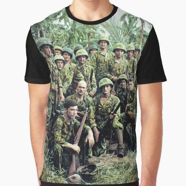 Vintage graphic t-shirt featuring World War II Marine Raiders during the Battle of Bougainville in the Solomon Islands.