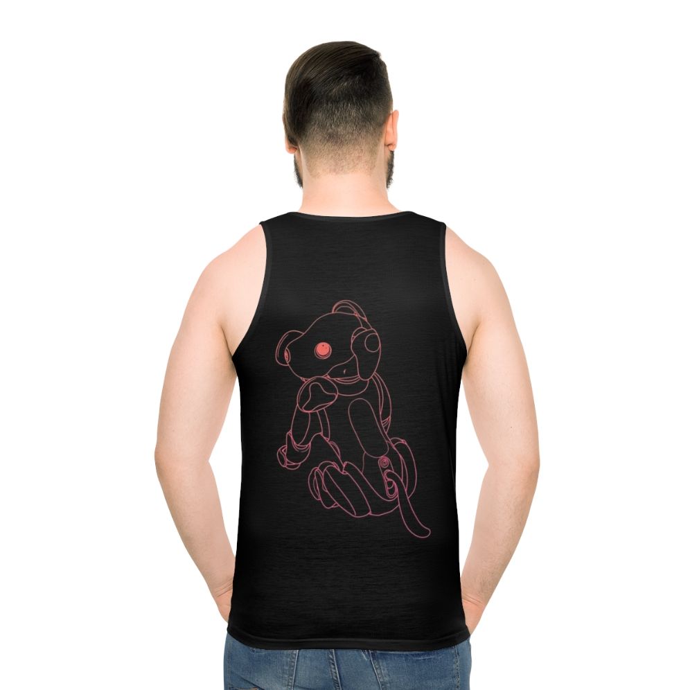 Unisex tank top with a graphic design of a robot dog in a futuristic sunset scene - men back