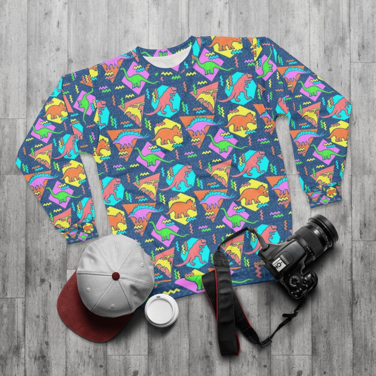 Nineties Dinosaur Pattern Sweatshirt - flat lay