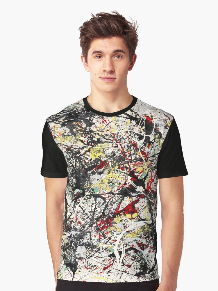 Vibrant abstract art t-shirt featuring the iconic paintings of Jackson Pollock, the renowned abstract expressionist artist. - Men