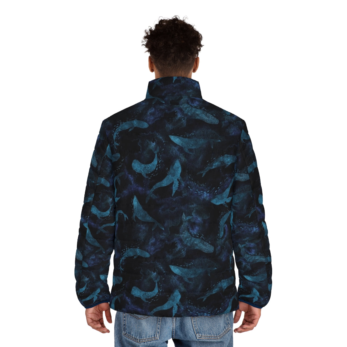 Indigo blue puffer jacket featuring whales and marine life design - men back