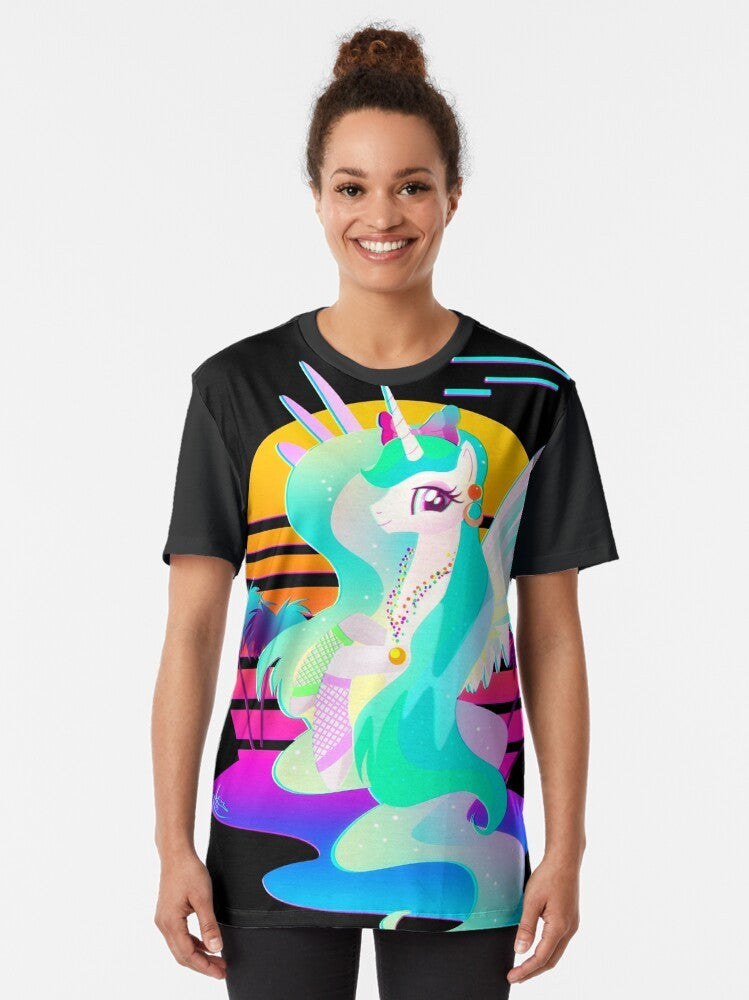 Synthwave Princess Celestia graphic tee featuring a neon, retro-inspired design with the My Little Pony character. - Women