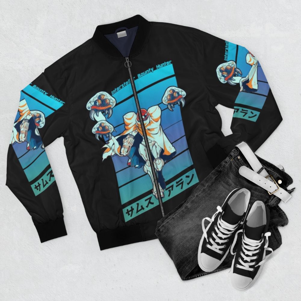 Metroid Samus Aran Interstellar Bounty Hunter Bomber Jacket - Flat lay