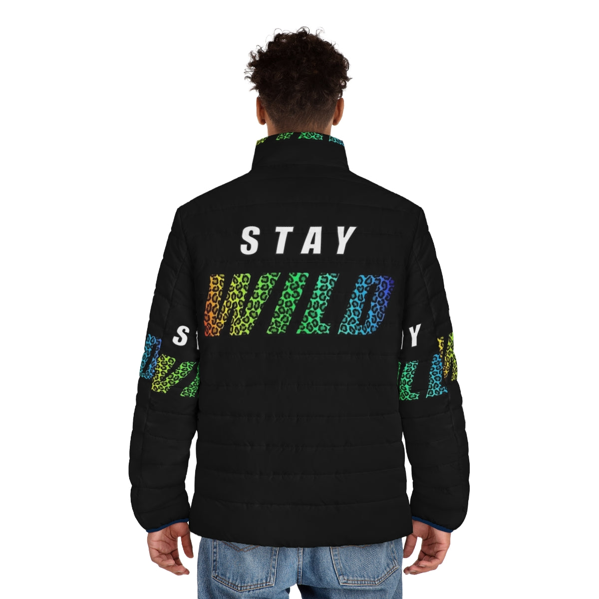 Exclusive Ben Azelart Stay Wild Puffer Jacket with colorful leopard text - men back