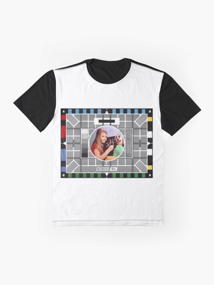 Vintage 'BBC Test Card' graphic design on a classic t-shirt - Flat lay