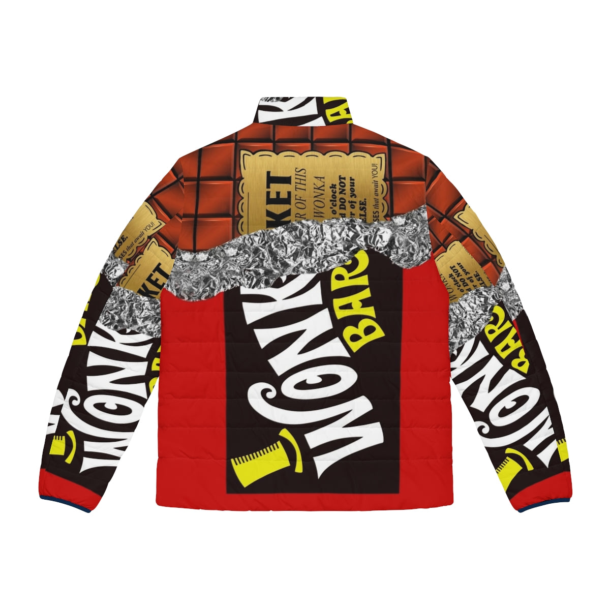 Wonka's Golden Ticket Chocolate Puffer Jacket with Retro Vintage Parody Design - Back