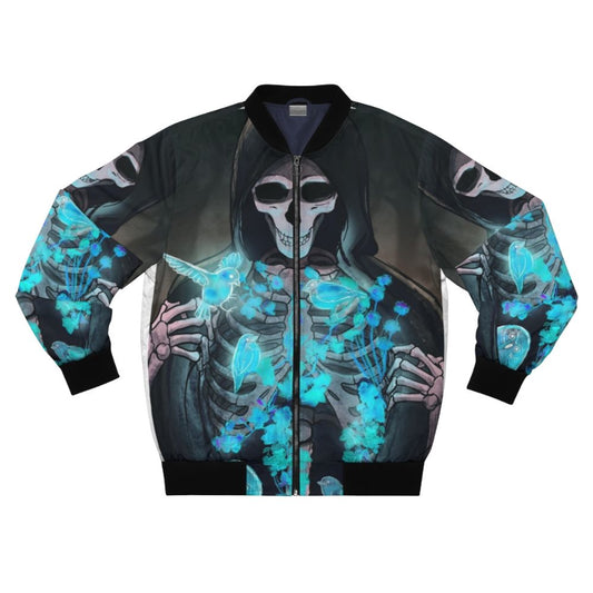 Dark gothic supernatural bomber jacket with reaper, skeleton, and nature motifs