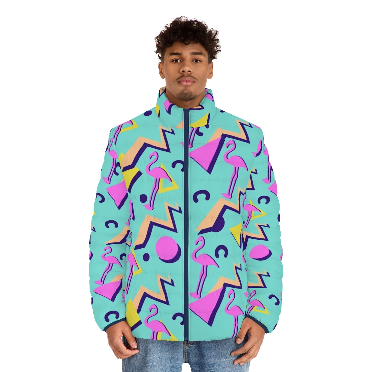 80s Memphis Pattern Puffer Jacket with Retro Pop Art Design - men front