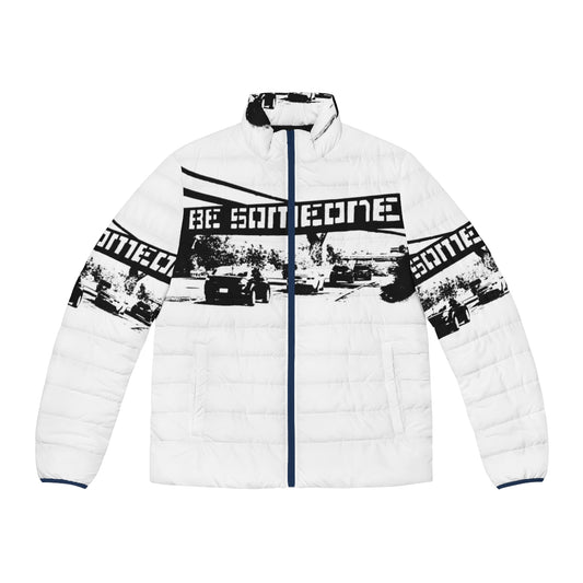 Puffer jacket with "Be Someone" graffiti-inspired design in black and white