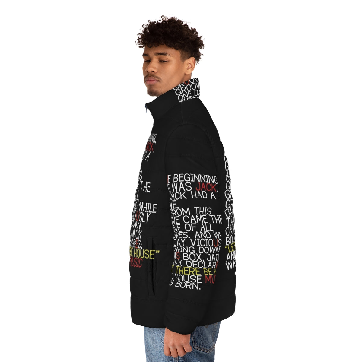 A stylish puffer jacket with a house music inspired design - men side left