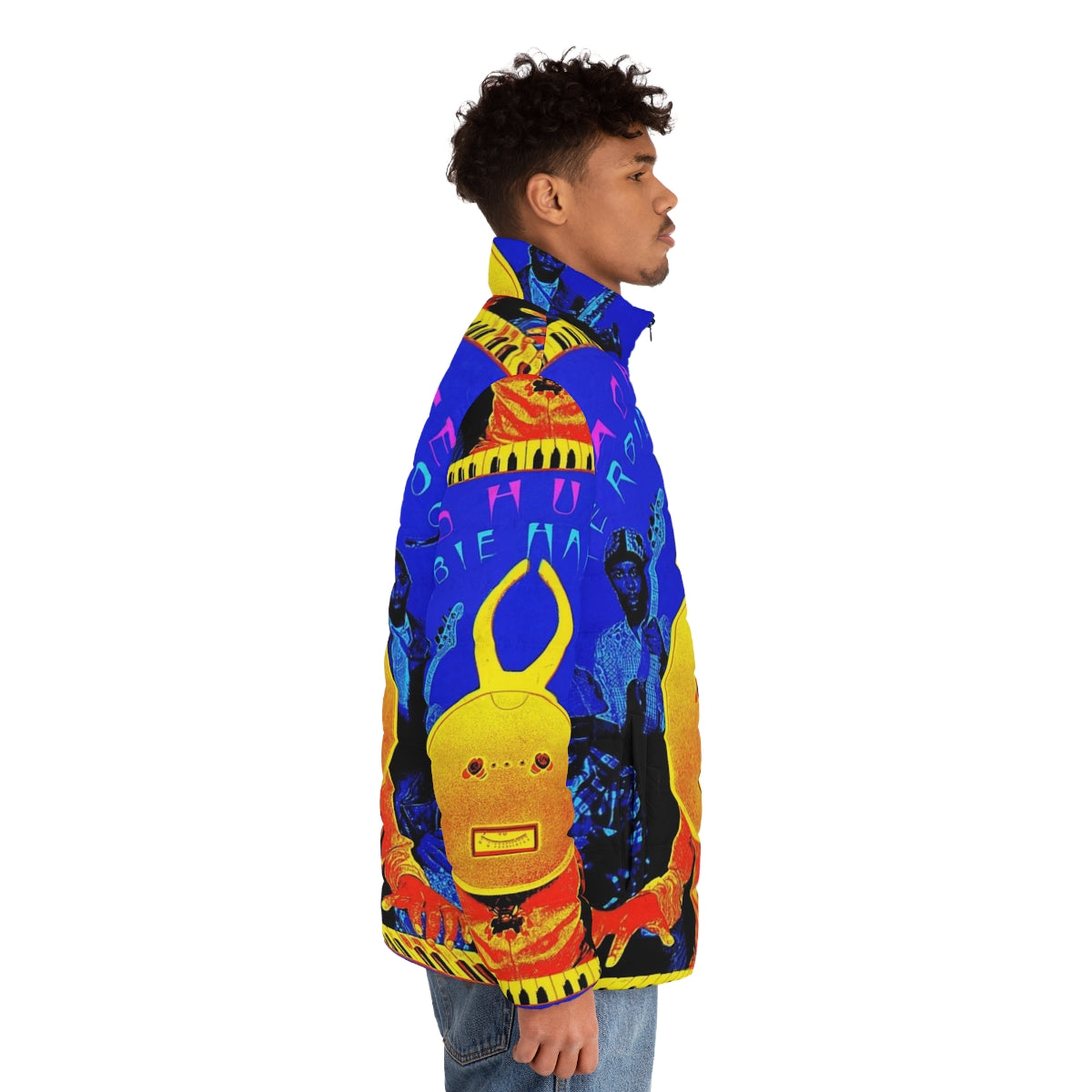 Puffer jacket inspired by the iconic Head Hunters album cover, featuring a vintage funk, soul, and jazz music design - men side right