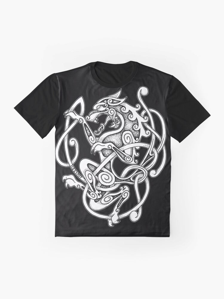 Varg Norse Viking Graphic T-Shirt with wolf, knotwork, and Norse symbols - Flat lay