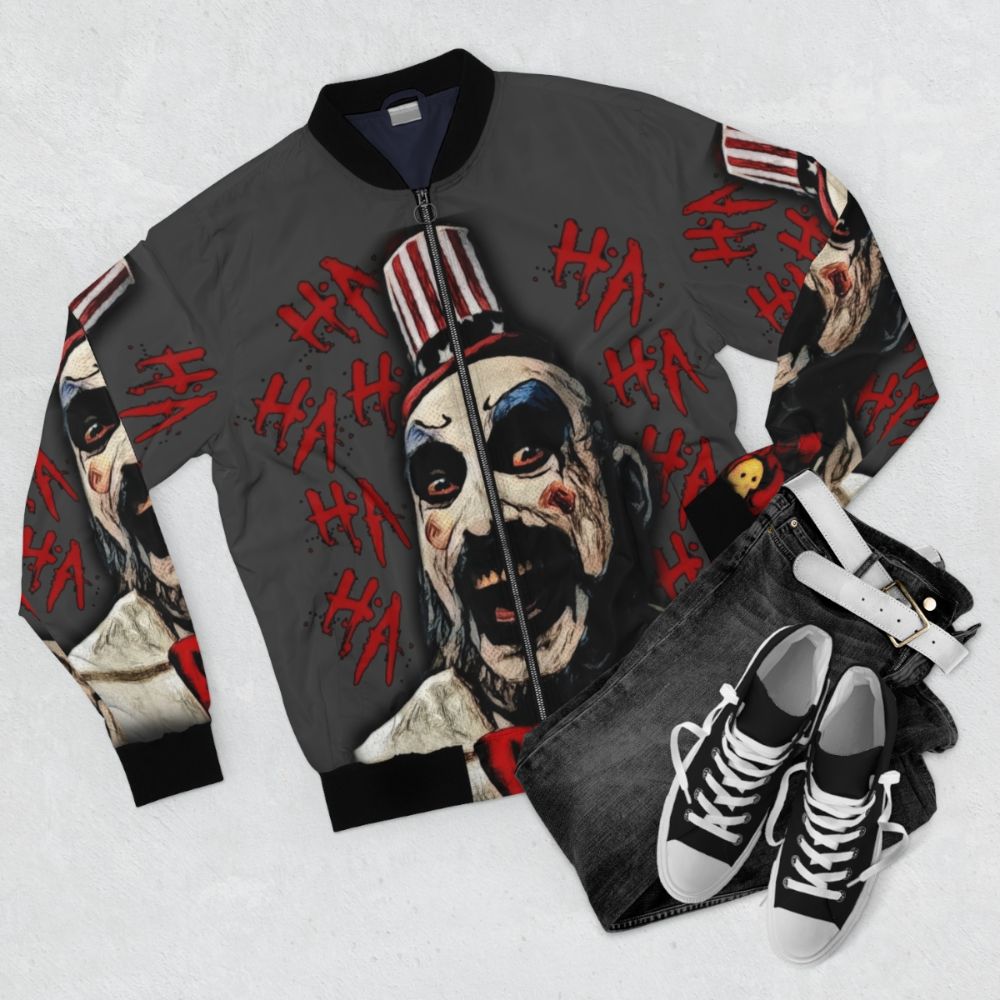 Captain Spaulding Bomber Jacket with horror movie and cult classic imagery - Flat lay