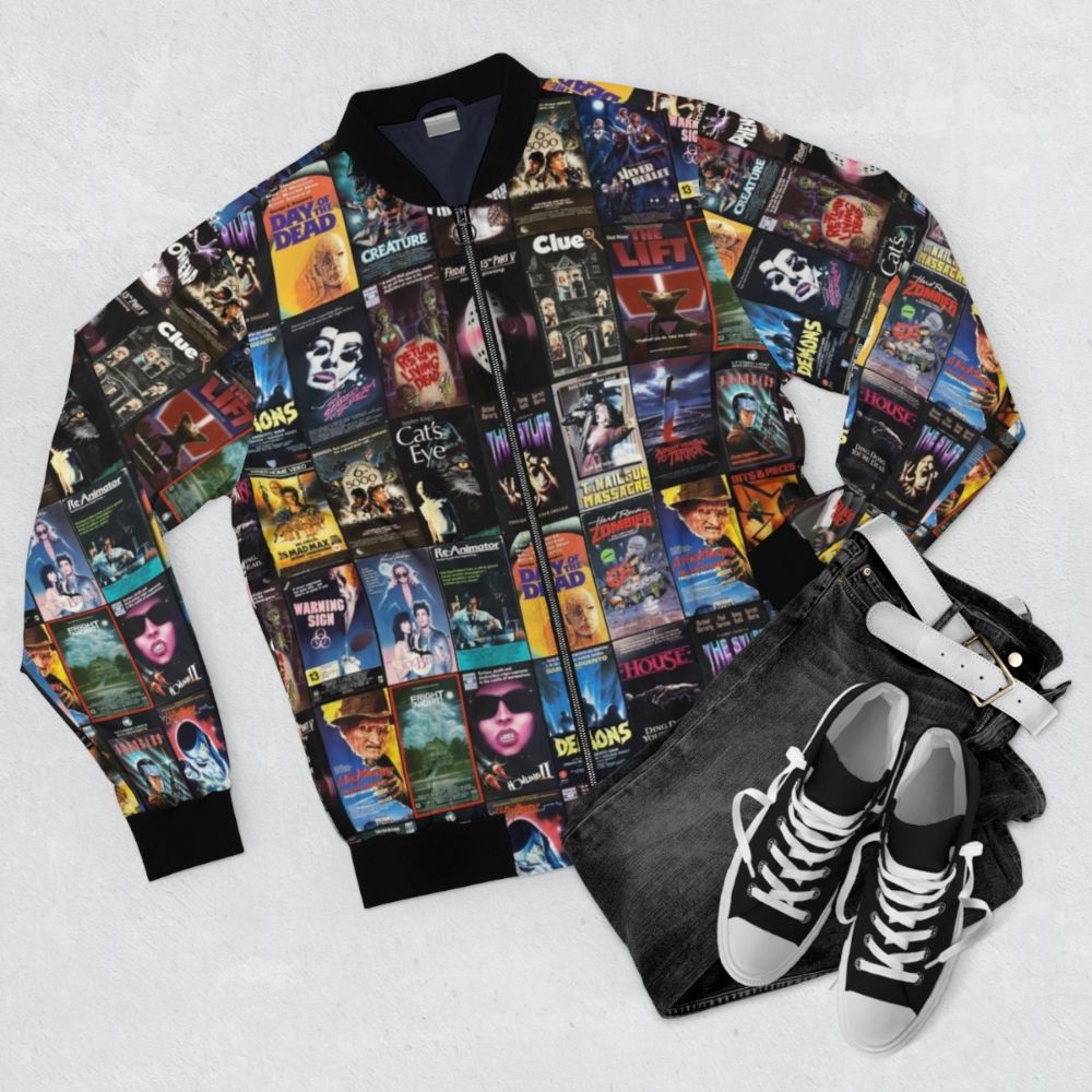 Retro horror VHS artwork design on a 1980s-inspired bomber jacket - Flat lay