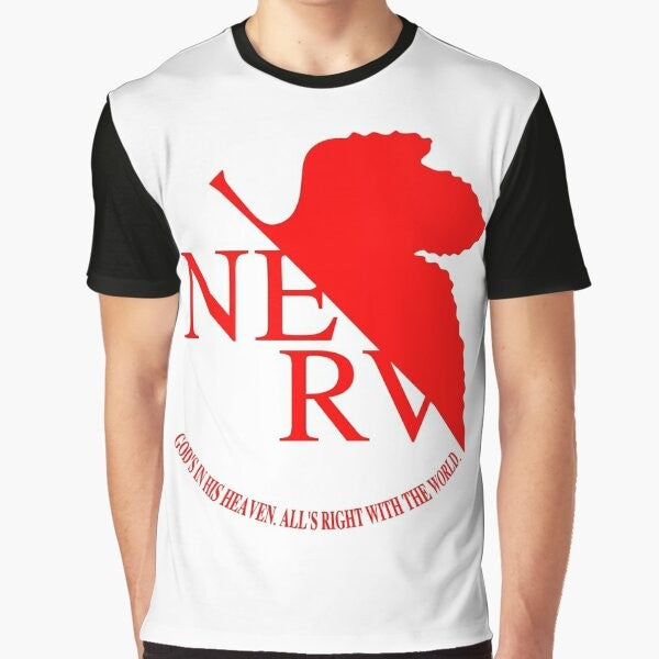 Nerv Logo Neon Genesis Evangelion Graphic T-Shirt featuring characters Asuka Langley, Shinji Ikari, and Rei Ayanami