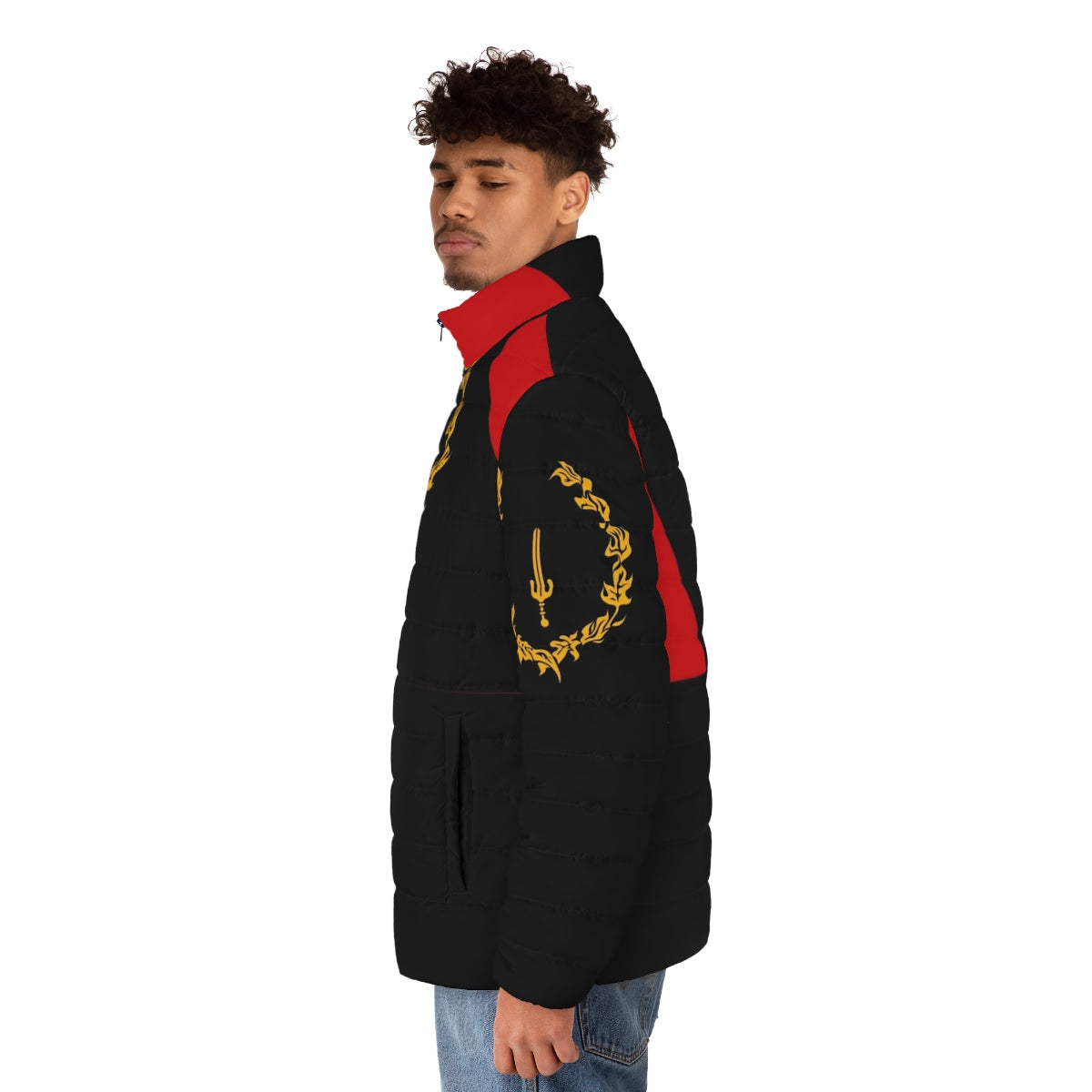 Black puffer jacket with American heritage flag design - men side left