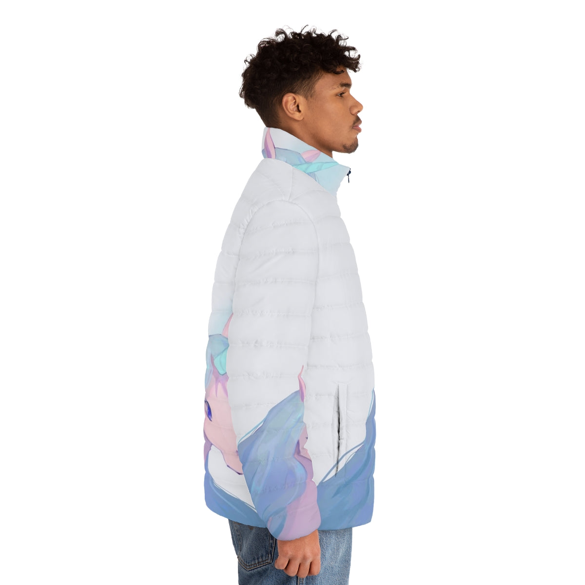 The Last Unicorn illustration printed on a puffer jacket for unicorn lovers - men side right