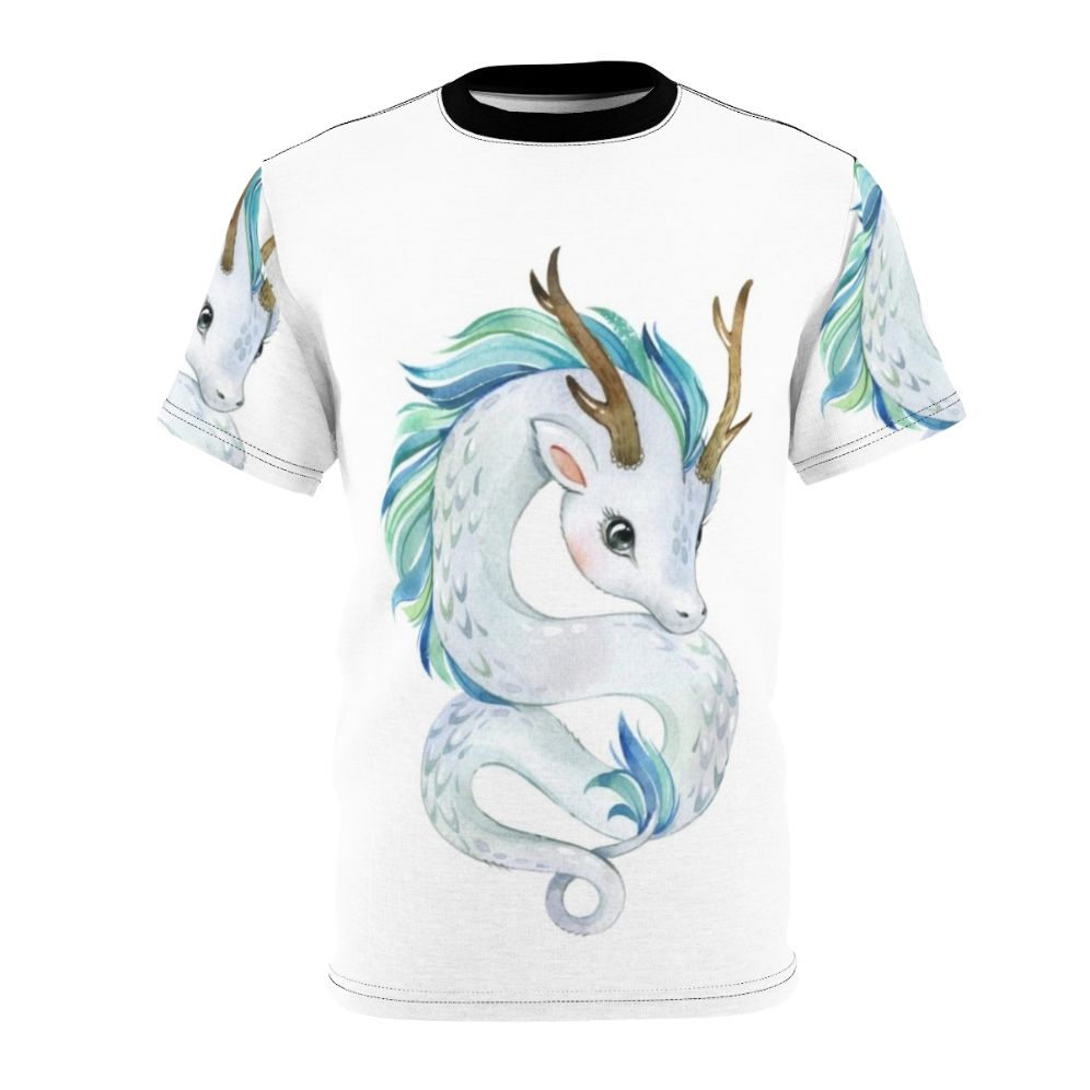 Whimsical illustration of a cute, magical dragon on a high-quality t-shirt