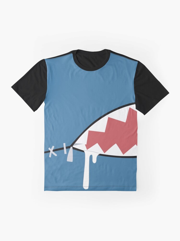 Gawr Gura Shark Mouth Graphic T-Shirt featuring the popular virtual YouTuber from Hololive - Flat lay