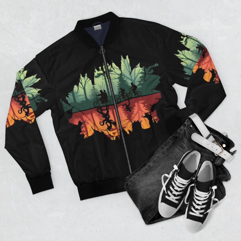 Stranger Things (The Upside Down) Retro Bomber Jacket with 80s sci-fi design - Flat lay