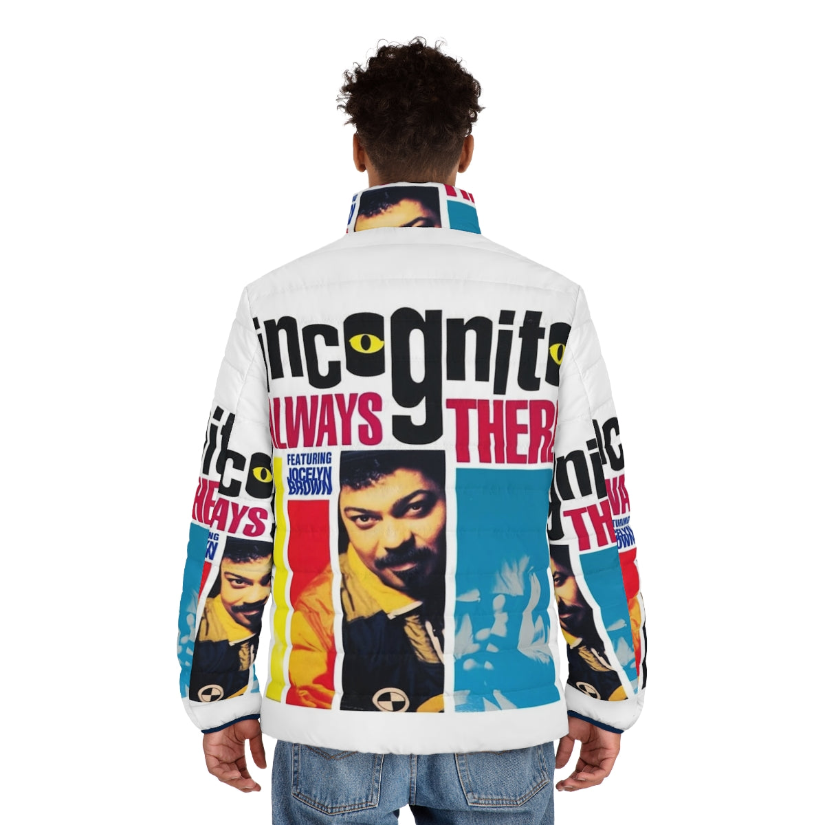 Incognito puffer jacket with jazz, funk, and soul music inspired design - men back