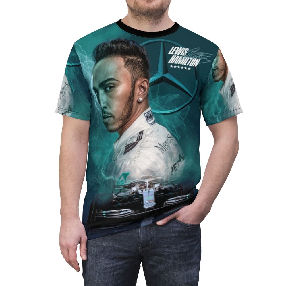 Formula 1 racing inspired t-shirt with Lewis Hamilton design - men front