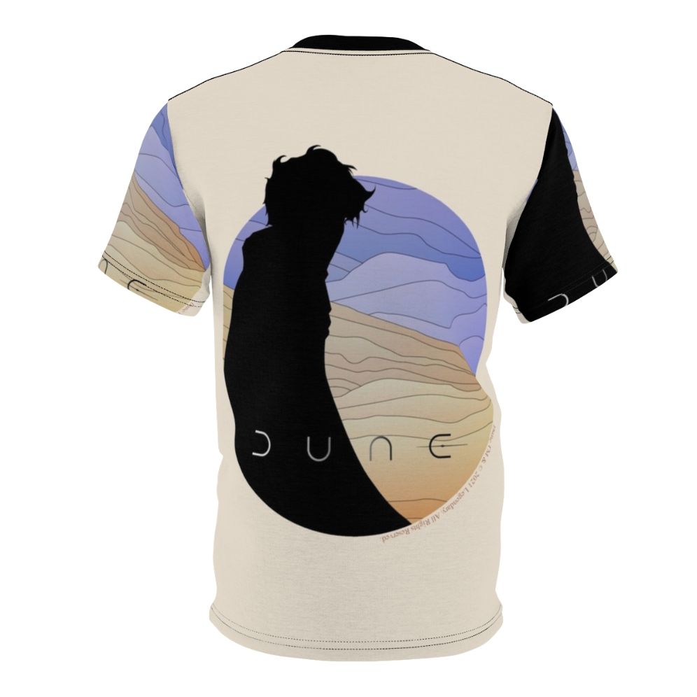 Stylized illustration of Paul Atreides, the central character from the Dune science fiction series, featured on a high-quality t-shirt. - Back