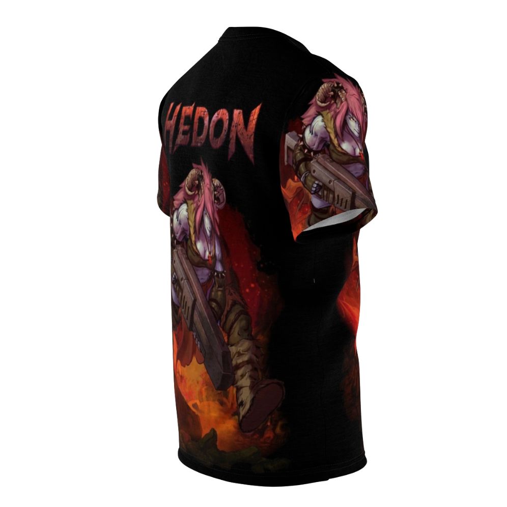 Hedon-inspired fantasy video game character splash art design on an all-over print t-shirt - men right