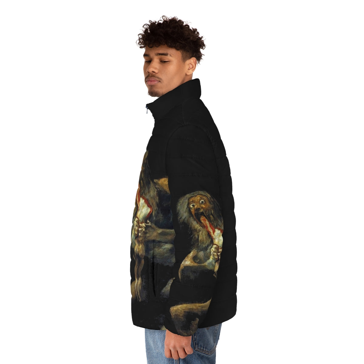 A puffer jacket featuring the chilling painting "Saturn Devouring His Son" by Spanish artist Francisco Goya. - men side left