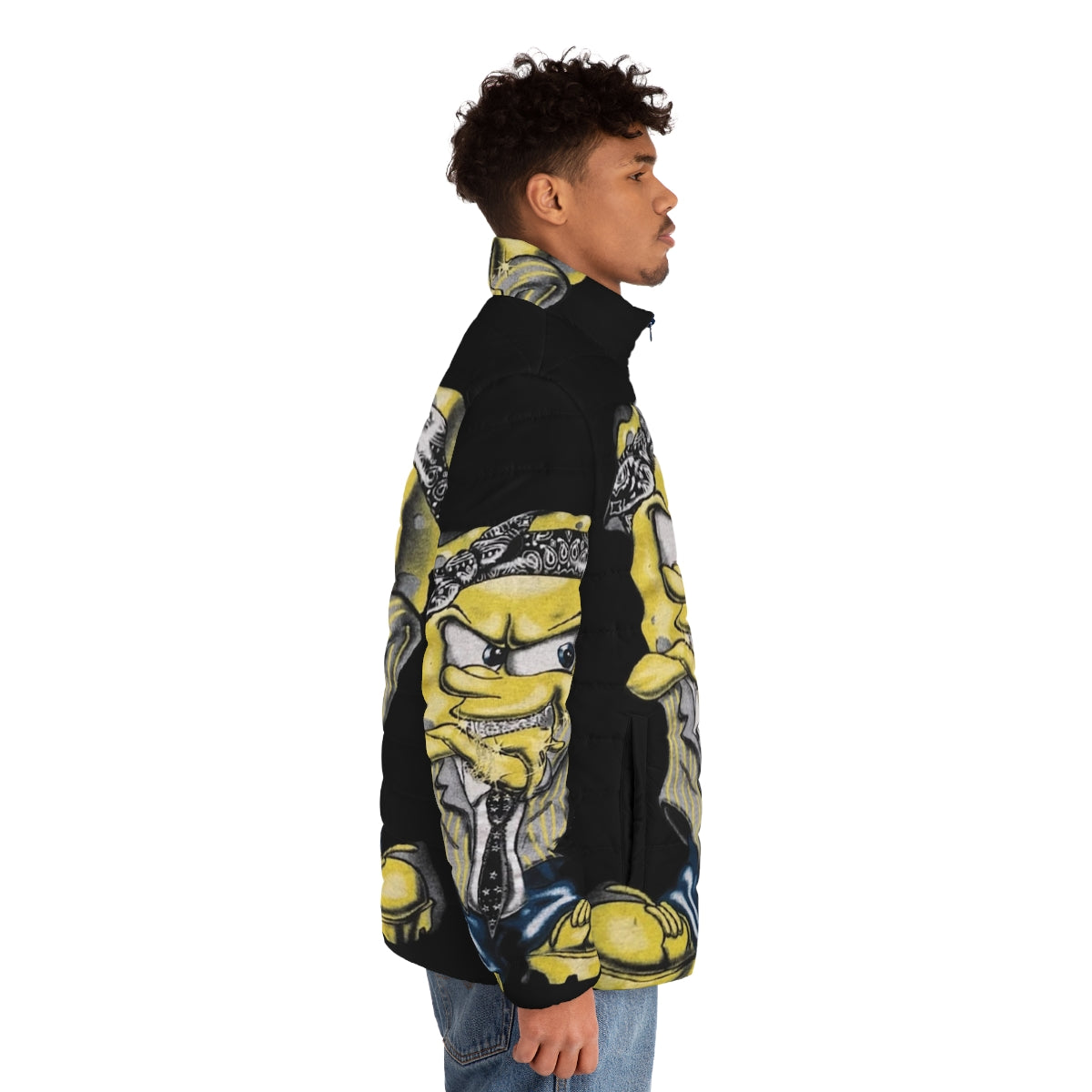 Gangster Spongebob design on an oversized puffer jacket - men side right