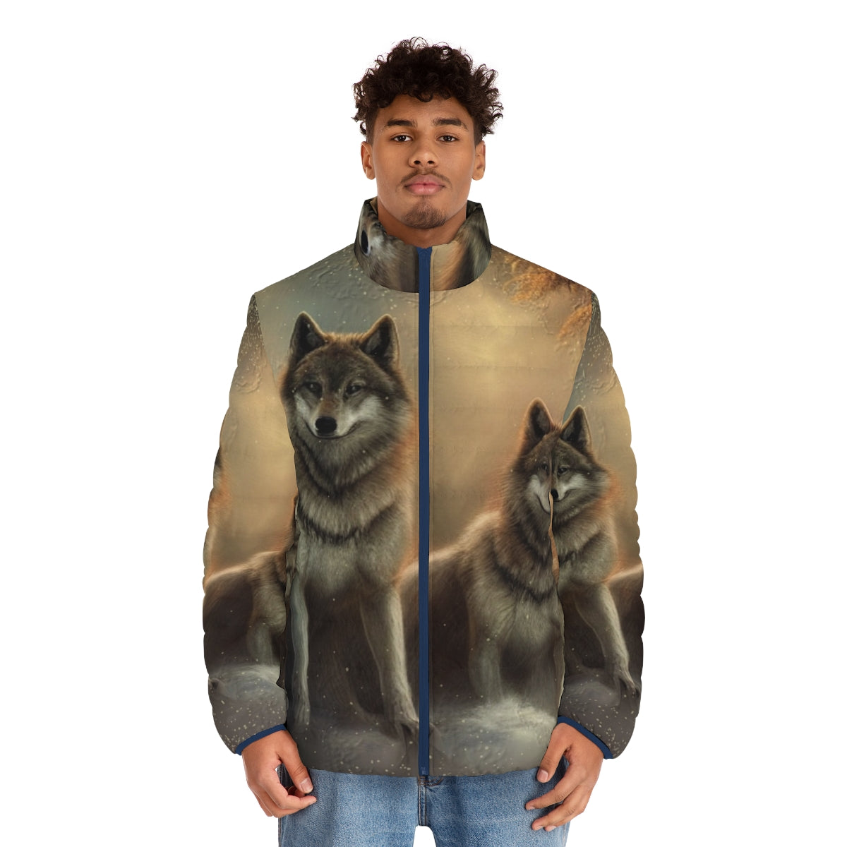 A cozy puffer jacket featuring a serene winter woods landscape with a deer, snow, and a full moon. - men front