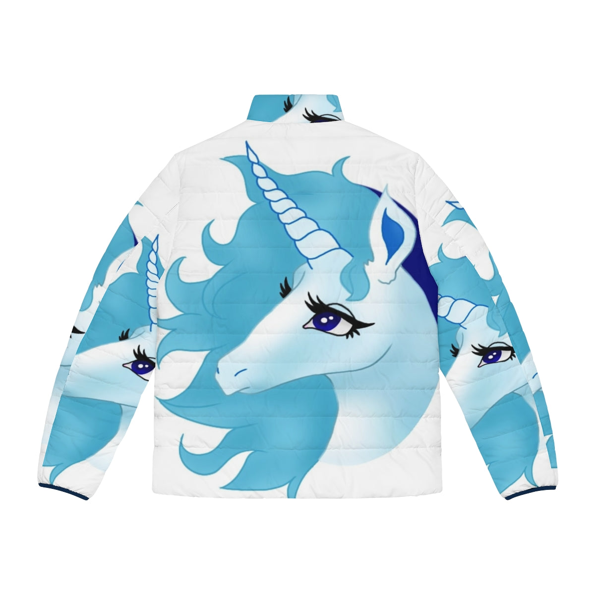 Model wearing a cozy puffer jacket with a magical "The Last Unicorn" design - Back