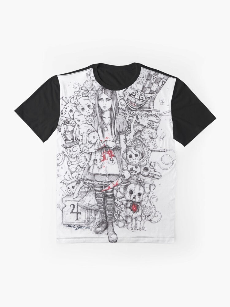 "Wonderland Shattered" graphic tshirt featuring a dark and surreal take on the Alice in Wonderland theme - Flat lay