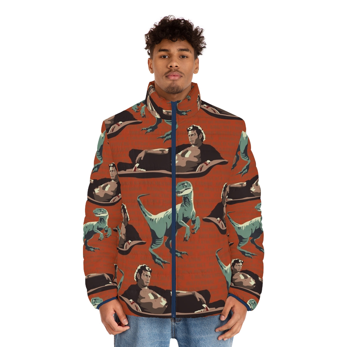 Jurassic Geniuses Puffer Jacket featuring a dinosaur DNA sequence pattern - men front