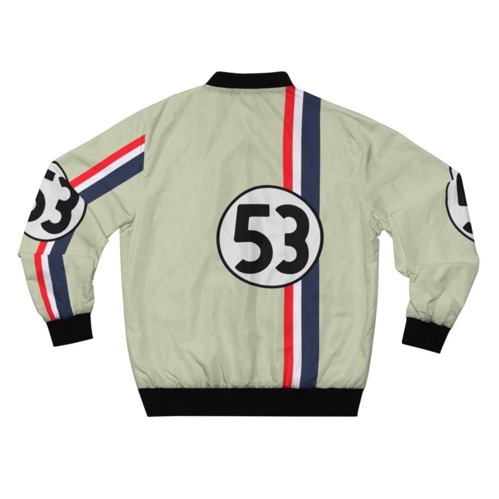 Retro bomber jacket featuring Herbie the Love Bug, a classic Volkswagen Beetle from the Disney film - Back