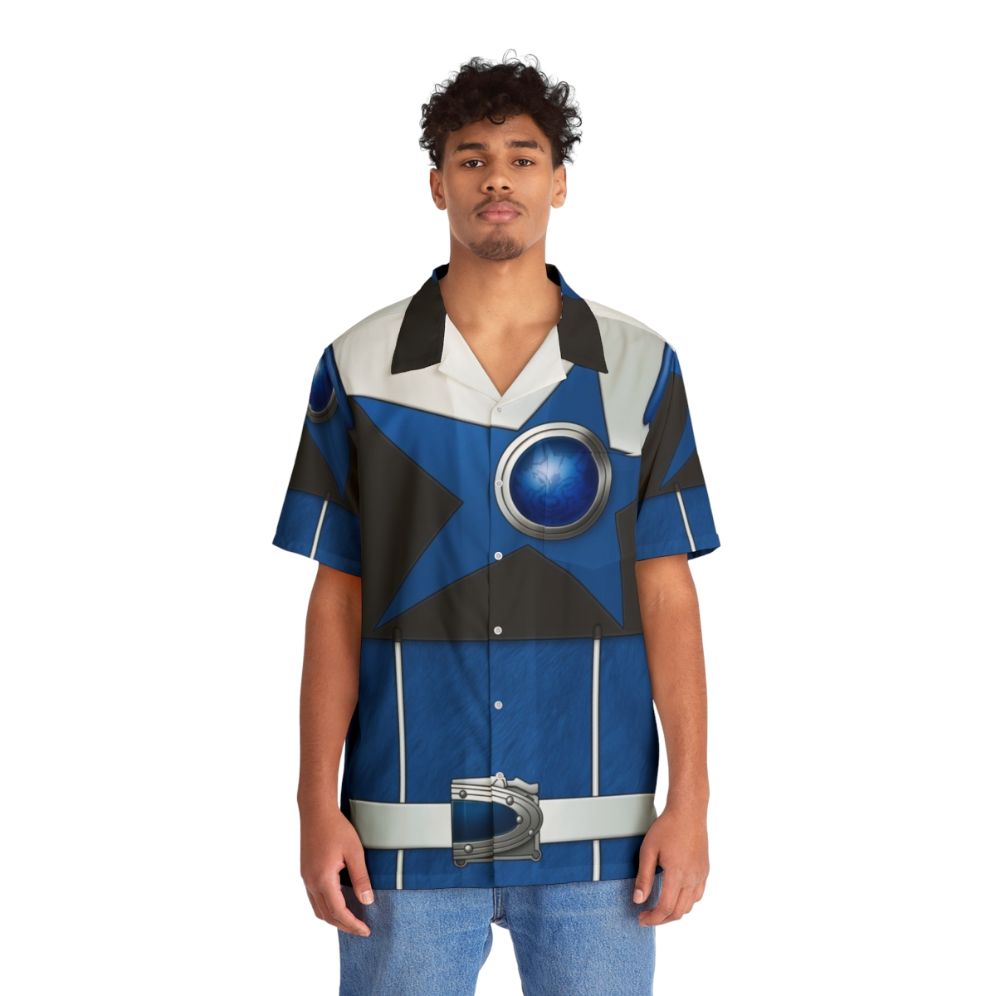 Ookamiblue Hawaiian Shirt with Space and Superhero Motifs - People Front