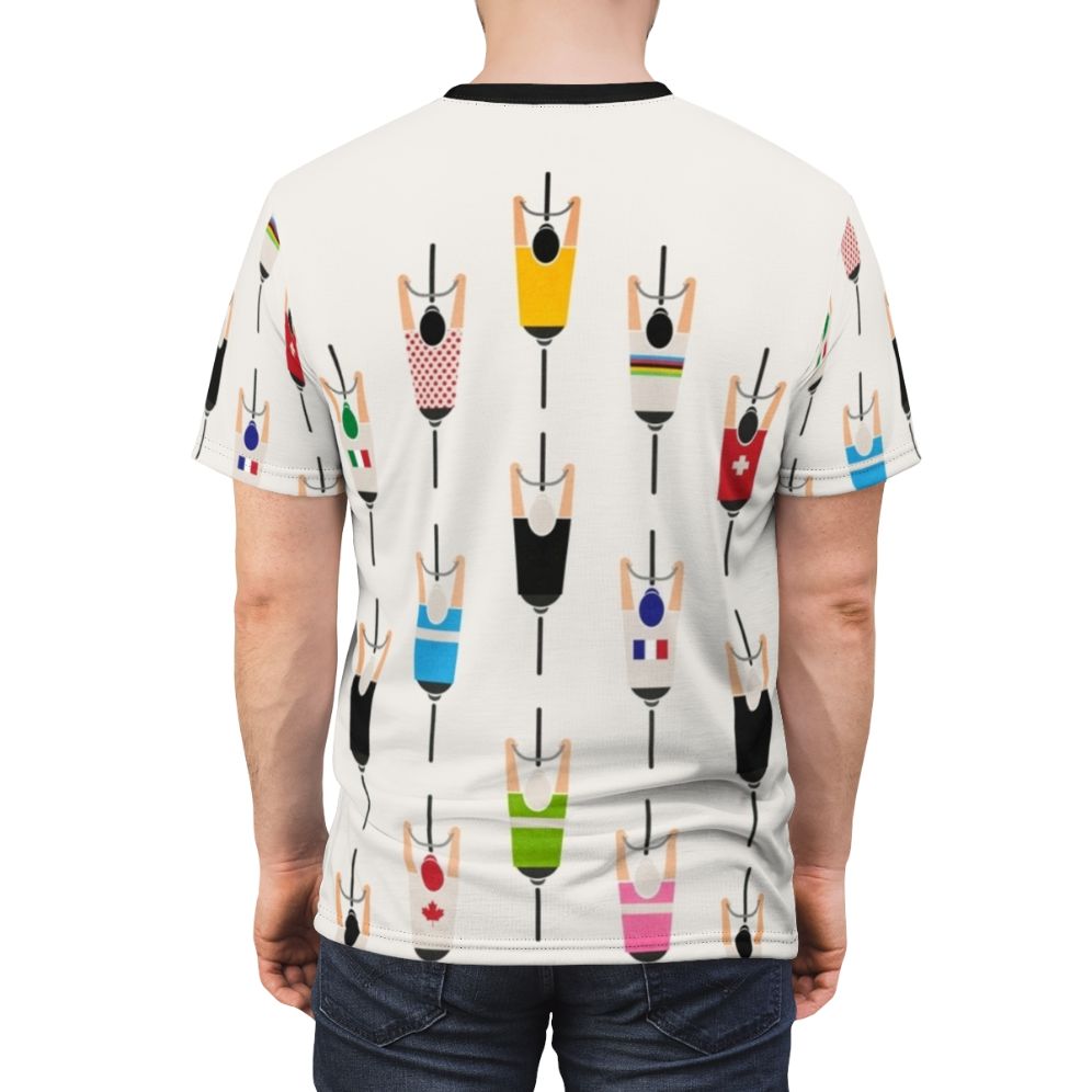 Graphic illustration of a bicycle squad on a t-shirt for cycling enthusiasts - men back