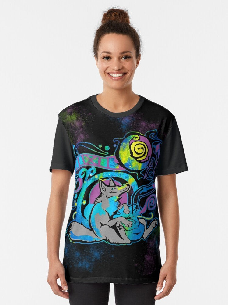 Tribal animal graphic t-shirt with stars, moon, and swirly designs in the style of Zhivago - Women