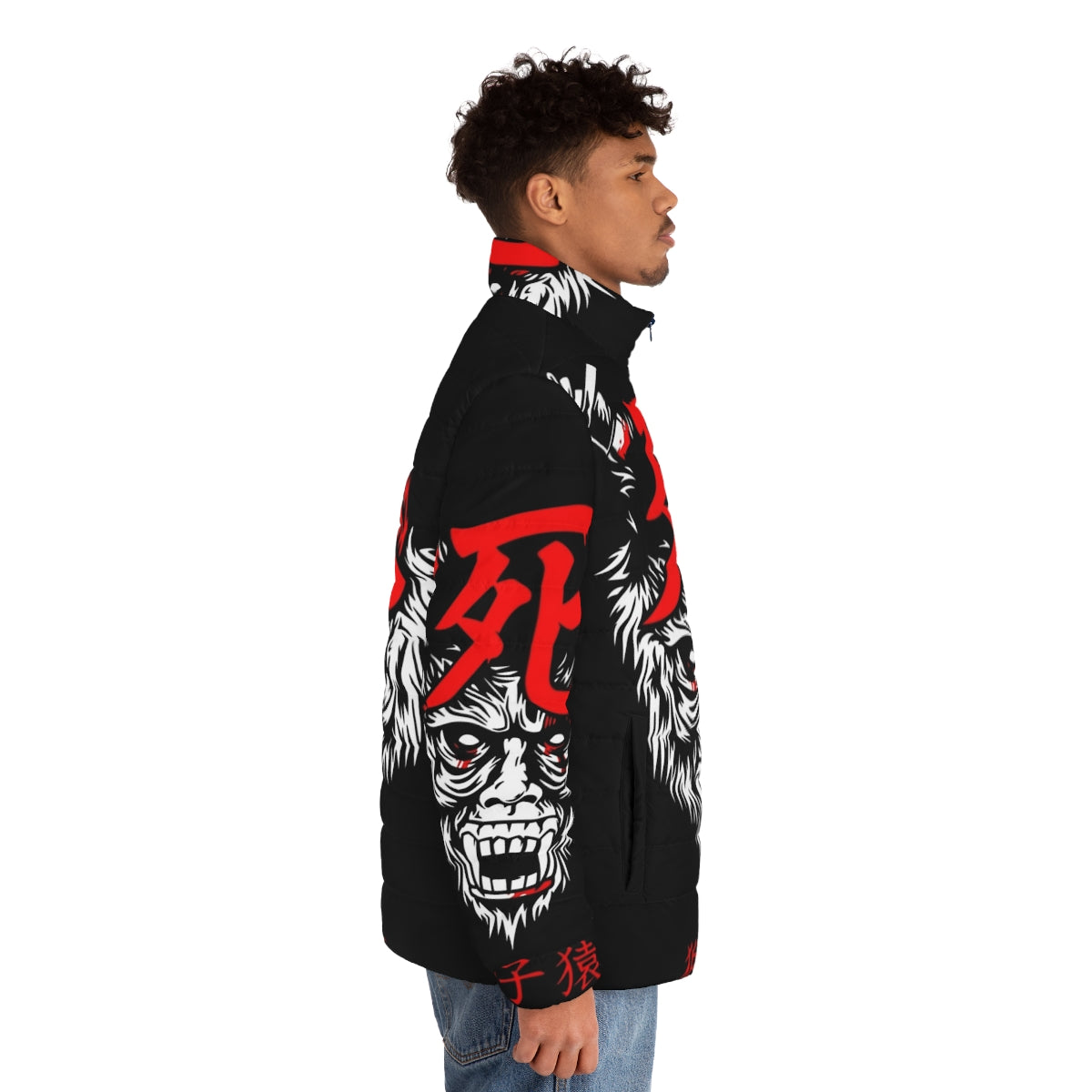 Guardian Ape Puffer Jacket featuring a detailed ape design inspired by Miyazaki's anime and manga worlds - men side right